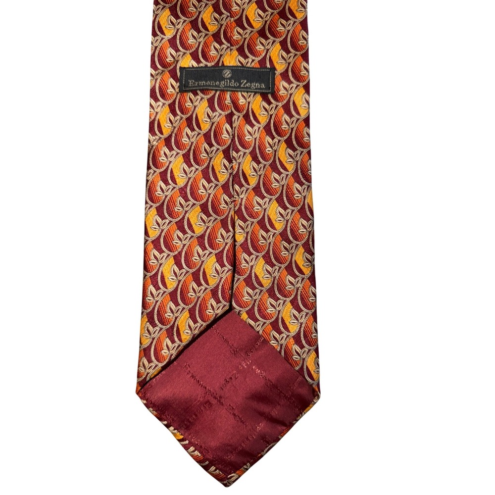 Ermenegildo Zegna Silk Tie Burgundy Orange Geometric Leaf Disegno Esclusivo - Picture 6 of 7